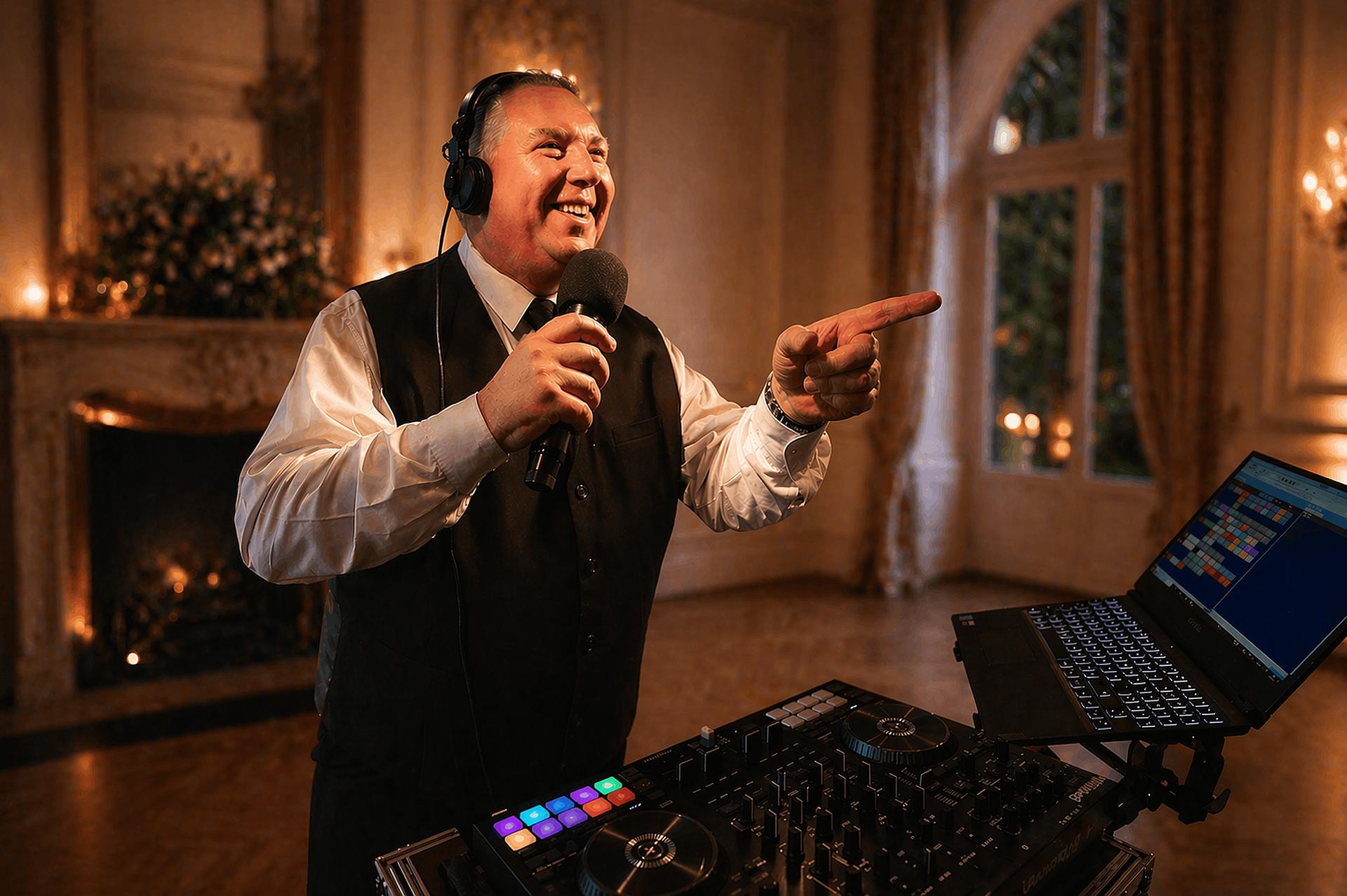 DJ Mike Hackett hosting a wedding on the microphone