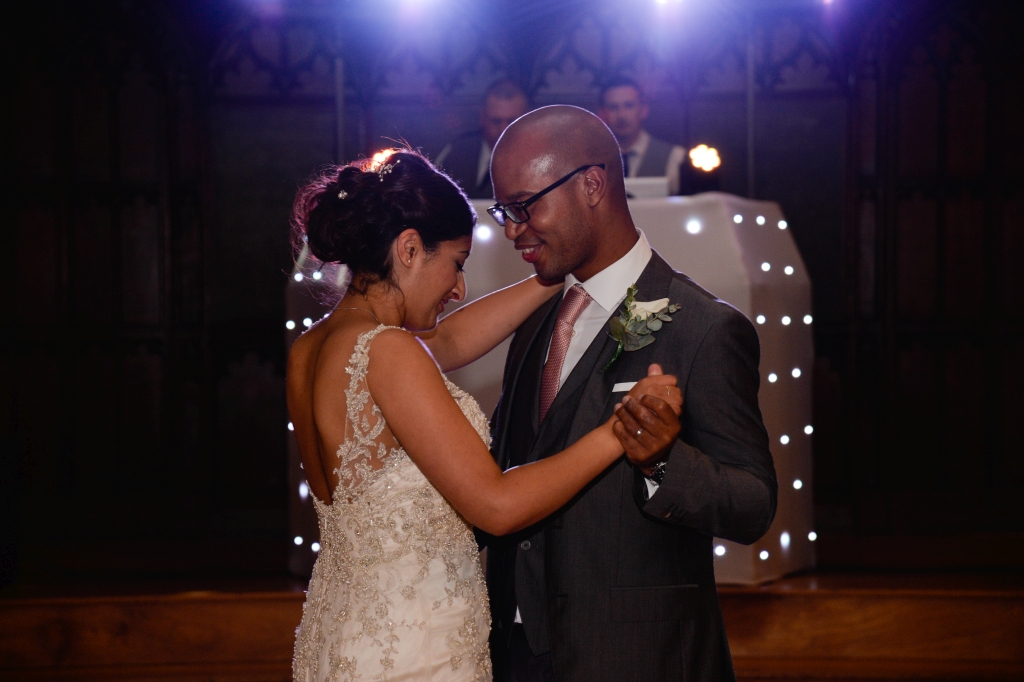 Guests dancing at a lively wedding reception